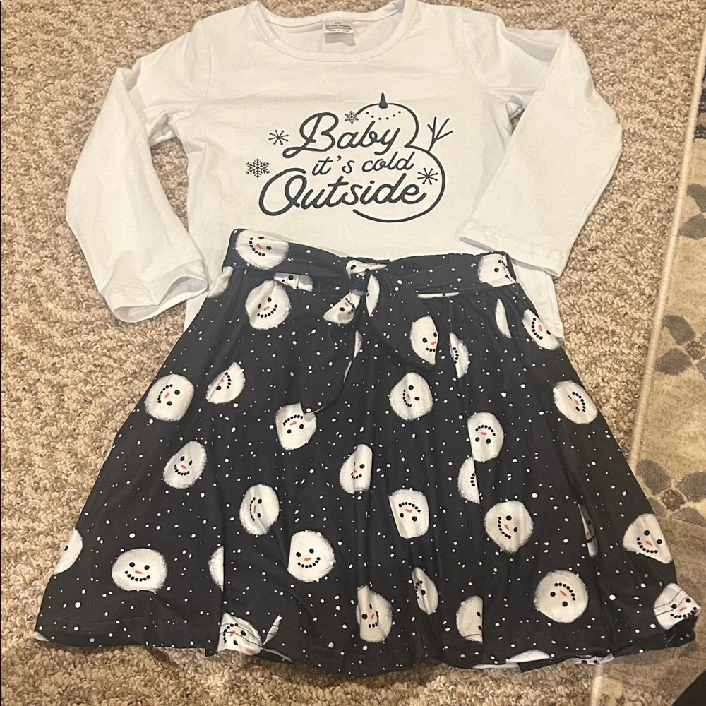 Girls Snowman Print Black Twirl Skirt Set Sz 7/8 “Baby its cold outside”